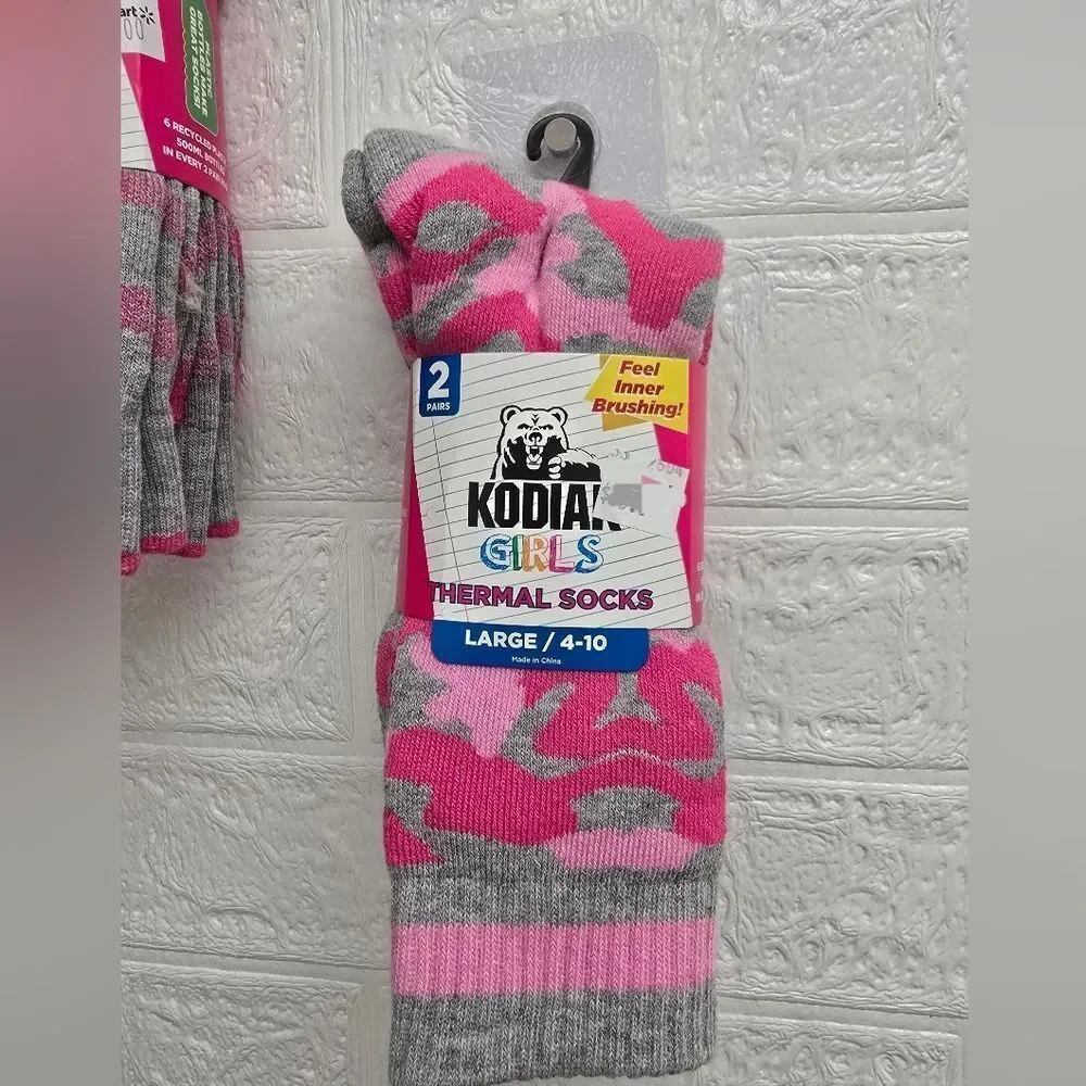 Bundle of two packs 4pc Kodiak Girl's Thermal Socks, Sz 4-10